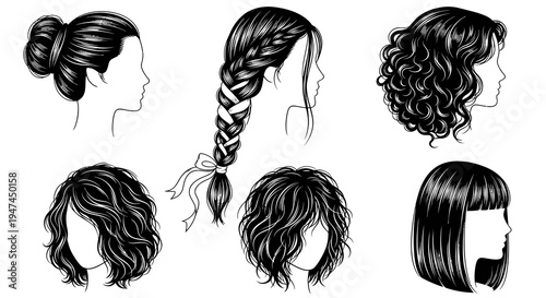 Diverse Women's Hairstyles Black  White Line Art Vector Set for Beauty and Fashion