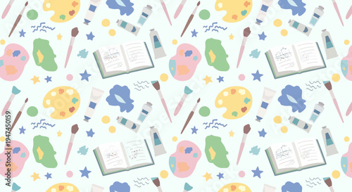 Flat Cute Art Supplies Seamless Pattern with Paint, Brushes, Palettes, and Sketchbooks