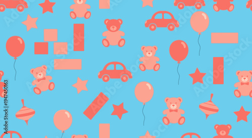 Baby Kids Flat Vector Seamless Pattern with Cute Toys: Teddy Bears, Balloons, Cars, Blocks  Stars
