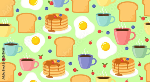Breakfast Food Flat Vector Seamless Pattern with Pancakes, Toast, Fried Eggs, and Coffee Cups