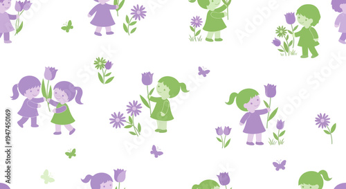 Flat Illustration of Cartoon Girls Playing with Flowers and Butterflies in Spring Childhood