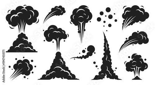 Black  White Glyph Vector Smoke Dust Steam Explosion Clouds Set for Action and Graphic Design