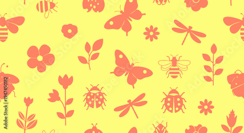 Flat Design Seamless Pattern of Spring Nature Glyphs: Insects, Butterflies, Bees, Flowers on Yellow