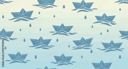 Childhood Weather Pattern with Paper Boats and Raindrops in Flat Vector Style