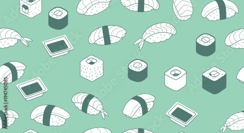 Japanese Food Isometric Line Art Seamless Pattern with Sushi, Maki, and Nigiri Rolls