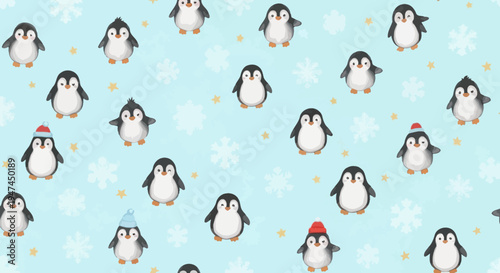 Cute Winter Holiday Penguins Seamless Pattern - Watercolor Illustration