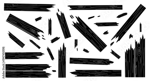 Black and White Line Art Broken Wood Planks and Splinters Vector Set for Construction