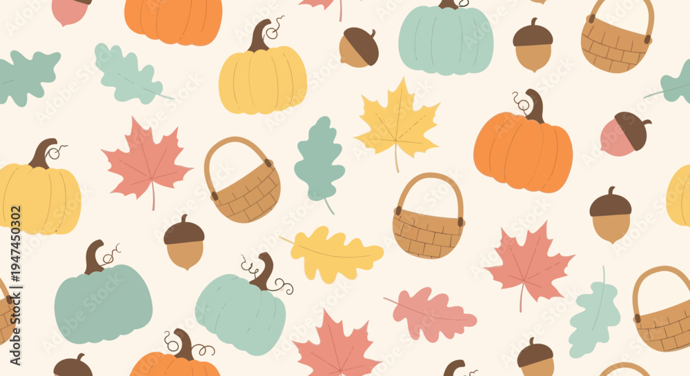 Obraz premium Cute Autumn Fall Harvest Seamless Pattern with Pumpkins Leaves Acorns Baskets Flat Illustration