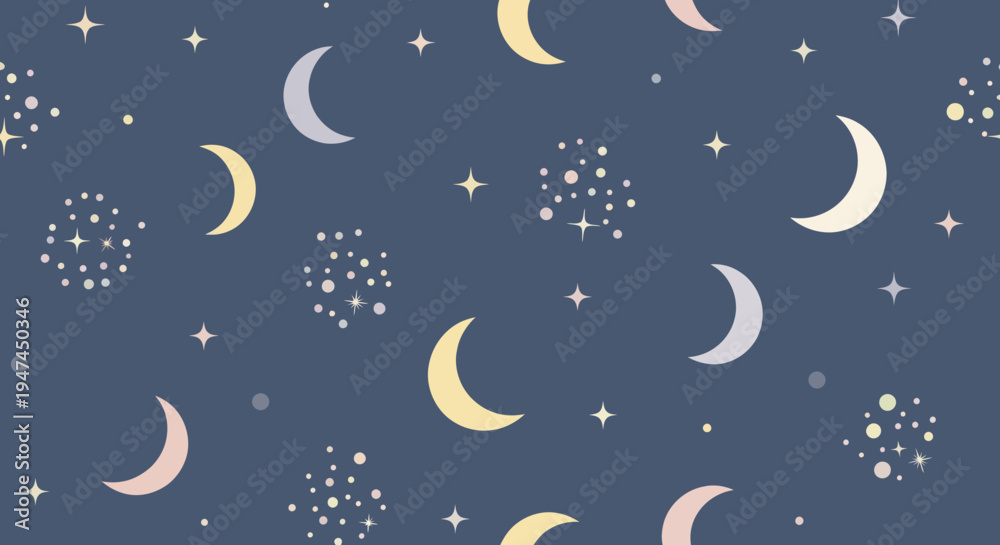 Fototapeta premium Flat Design Vector Pattern of Celestial Moons and Stars for Children's Night Sky Decor