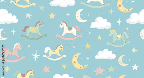 Seamless Pattern with Pastel Flat Vector Rocking Horses, Clouds, Moons, and Stars for Baby Nursery