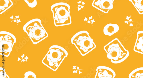 Food and Breakfast Industry Flat Vector Seamless Pattern with Toasts, Fried Eggs, and Herbs