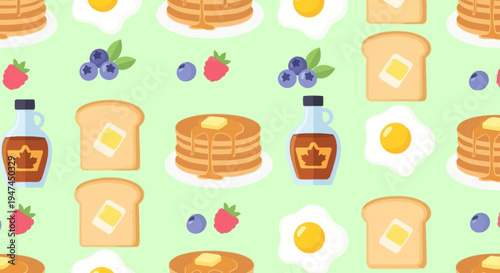 Breakfast Food Flat Design Seamless Pattern with Pancakes, Eggs, Toast, Berries, and Maple Syrup Vector
