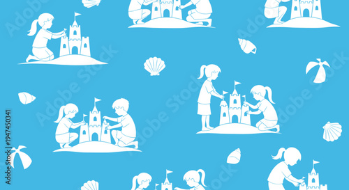 Summer Beach Fun: Kids Building Sandcastles White Silhouette Seamless Pattern Vector Illustration