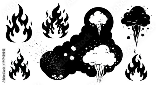 Graphic Art Black and White Vector Fire, Smoke, and Explosion Elements for Energy  Danger