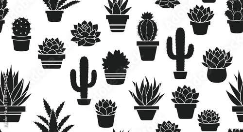 Gardening  Home Decor Seamless Pattern: Black Glyph Cacti  Succulents in Pots