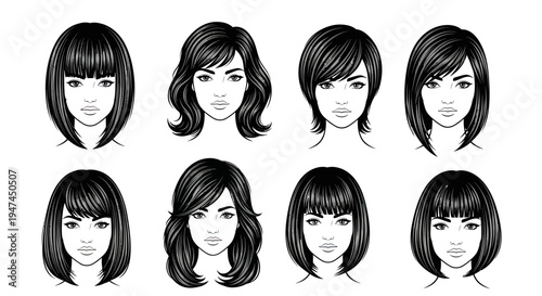 Beauty and Fashion: Women's Hairstyles and Haircuts Black and White Vector Line Art Set