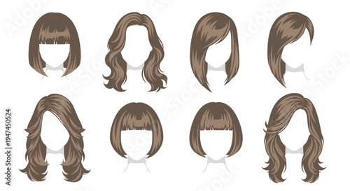 Fashion  Beauty Industry Women's Hairstyles Vector Set. Modern Haircuts  Hairdos Flat Design Illustration.