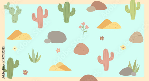 Southwestern Desert Nature Flat Vector Illustration with Cacti, Rocks, and Sand Dunes