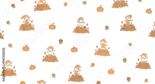 Hand-Drawn Cartoon Autumn Fall Kids Playing in Leaves with Pumpkins Pattern
