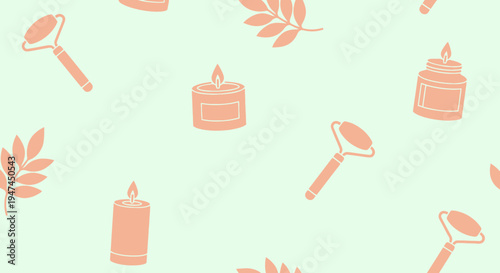 Flat Beauty  Wellness Vector Pattern: Facial Rollers, Spa Candles  Botanical Elements