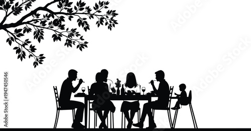 Family dinner silhouette, people eating at table, outdoor dining scene vector, family gathering illustration, dinner table silhouette design