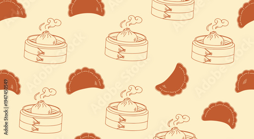 Hand-Drawn Line Art Illustration of Asian Food Dim Sum and Dumplings Seamless Pattern
