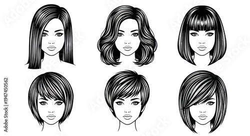 Beauty Female Hairstyles  Haircuts Black  White Line Art Vector Set