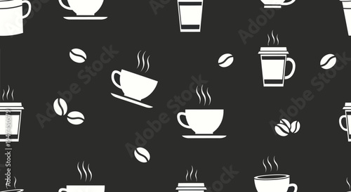 Food and Drink Flat Glyph Coffee Cups and Beans Seamless Pattern Vector Design