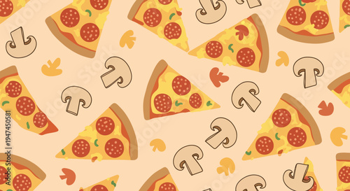 Food Industry Flat Vector Seamless Pattern with Pizza Slices, Mushrooms, and Toppings