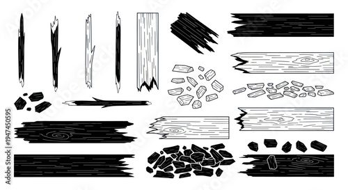 Construction Wood, Stone  Charcoal Elements Black  White Line Art