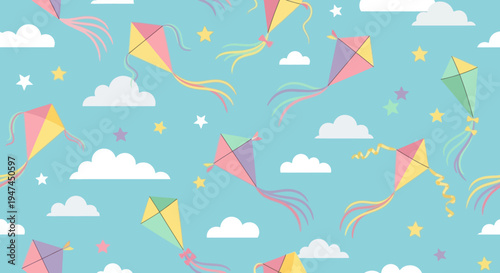 Children's Play Flat Design Seamless Pattern: Colorful Kites, Clouds, and Stars in Blue Sky