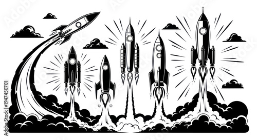 Space Technology Black  White Vintage Rockets Launching Vector Illustration Set