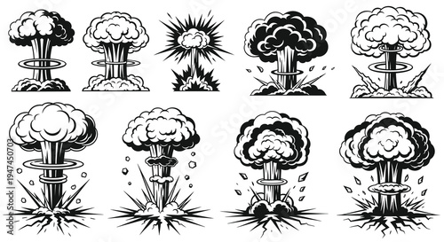 Science Nuclear Explosion Mushroom Cloud Black  White Line Art Set