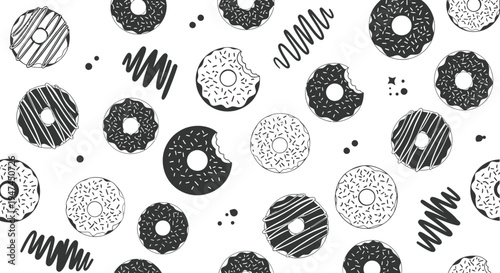 Food  Drink Black  White Line Art Donut Seamless Pattern - Sweet Dessert Background