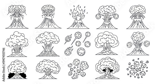 Nature Geology Science Line Art: Volcanic Eruptions, Ash Clouds, and Lava Flow Icons