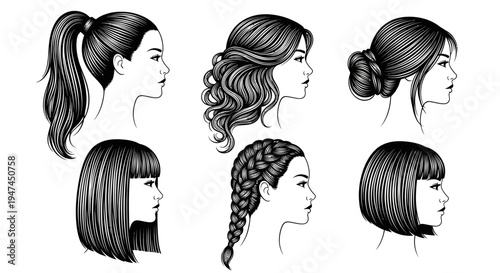 Beauty  Fashion: Diverse Women's Hairstyles in Black and White Line Art Vector Set