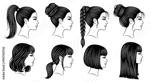 Diverse Women Hairstyles Vector Line Art Collection for Beauty and Fashion Design