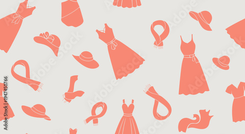 Flat Fashion Apparel Accessories Seamless Pattern - Dresses, Hats, Scarves Silhouettes