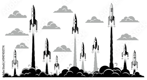 Technology  Startup Launch: Black  White Line Art Illustration of Multiple Rockets Blasting Off