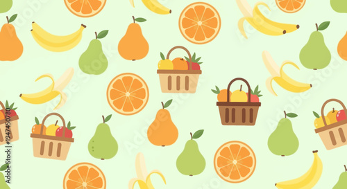 Healthy Food Flat Vector Seamless Pattern: Fruits, Pears, Bananas, Oranges, Baskets