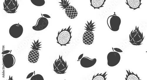 Food Tropical Fruits Seamless Pattern Glyph Art. Black and White Fruit Silhouettes Background.