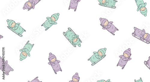 Cute Cartoon Babies Winter Sports Sledding Luge Bobsled Seamless Pattern Vector Illustration
