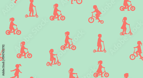 Flat vector seamless pattern of children silhouettes riding bicycles and scooters in recreation