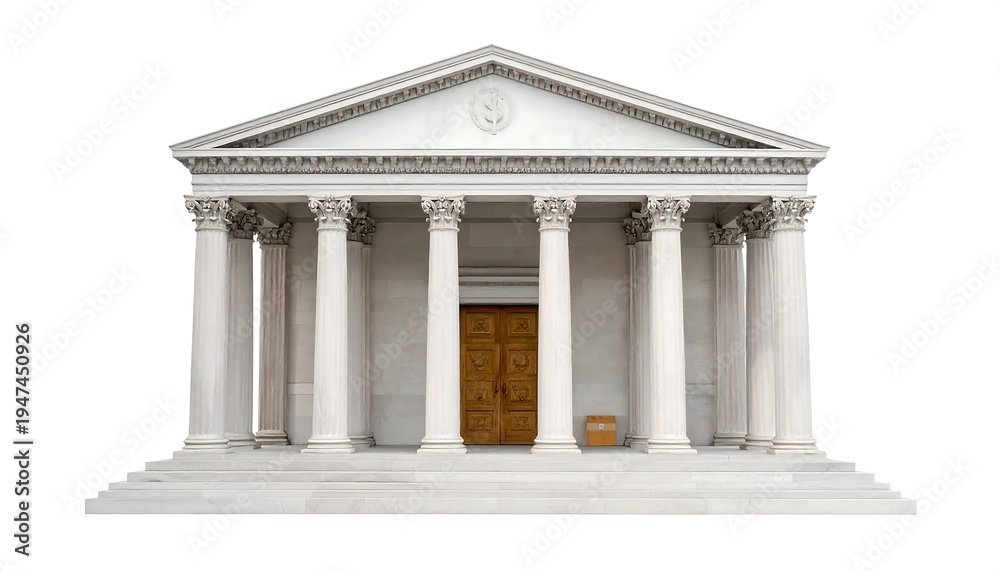 Fototapeta premium A classical architectural structure with columns and a triangular pediment. A set of double doors are at the center