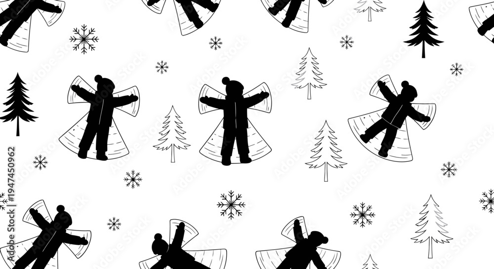Obraz premium Winter Holiday Black White Seamless Pattern with Snow Angel Silhouettes, Pine Trees Snowflakes