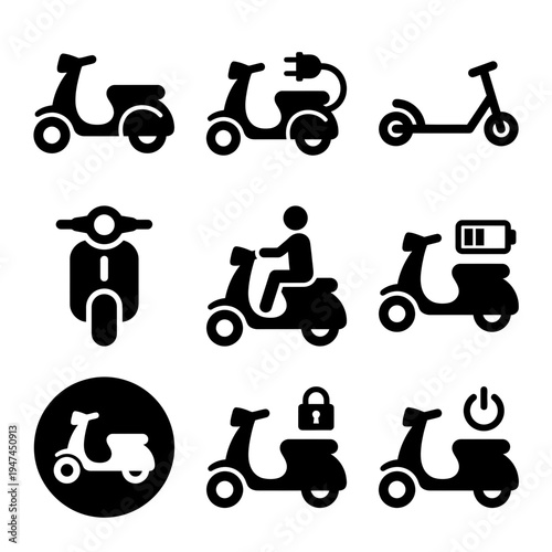 Electric scooter and moped black glyph icon set for mobility.