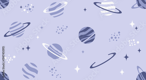 Flat Cartoon Space Planets and Stars Seamless Pattern for Kids Background Vector Art
