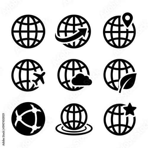 Set of black globe earth vector icons for web and mobile applications.