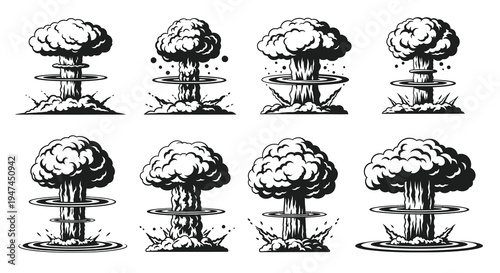 Monochrome Engraving Style Nuclear Explosion Mushroom Clouds Vector Art for Warfare