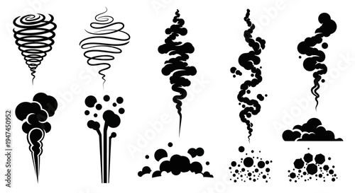 Vector Smoke Steam Odor Fumes Icons Set - Abstract Black  White Graphic Design Elements